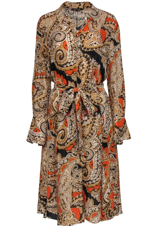 Kobi Halperin - Orange & Black Print Belted Shirtdress Sz L