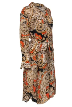 Kobi Halperin - Orange & Black Print Belted Shirtdress Sz L