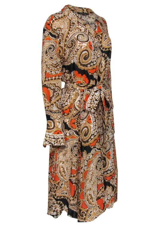 Kobi Halperin - Orange & Black Print Belted Shirtdress Sz L