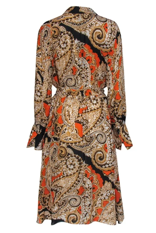 Kobi Halperin - Orange & Black Print Belted Shirtdress Sz L