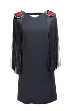 La Perla - Black Sleeveless Beaded Trim Fringe Shoulder Dress Sz 6