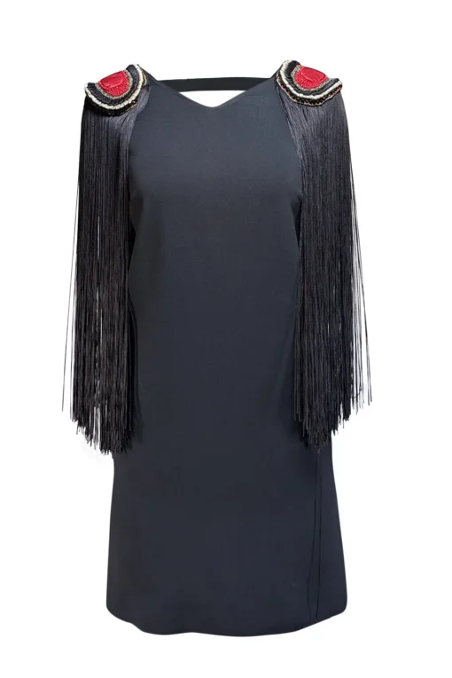 La Perla - Black Sleeveless Beaded Trim Fringe Shoulder Dress Sz 6