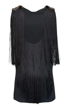 La Perla - Black Sleeveless Beaded Trim Fringe Shoulder Dress Sz 6