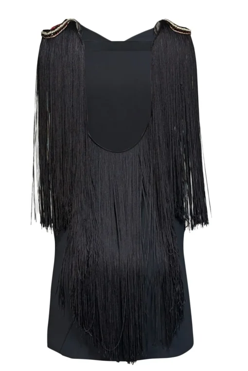 La Perla - Black Sleeveless Beaded Trim Fringe Shoulder Dress Sz 6