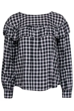 La Vie Rebecca Taylor - Black Plaid Long Sleeve Top w/Ruffle Sz S