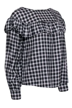 La Vie Rebecca Taylor - Black Plaid Long Sleeve Top w/Ruffle Sz S