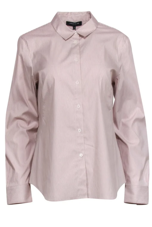Lafayette 148 - Beige & White Striped Button-Up Long Sleeve Blouse Sz 10