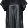 Lafayette 148 - Black Leather Short Sleeve Top w/ Stitched Trim Sz L