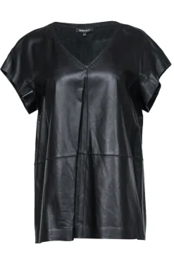 Lafayette 148 - Black Leather Short Sleeve Top w/ Stitched Trim Sz L