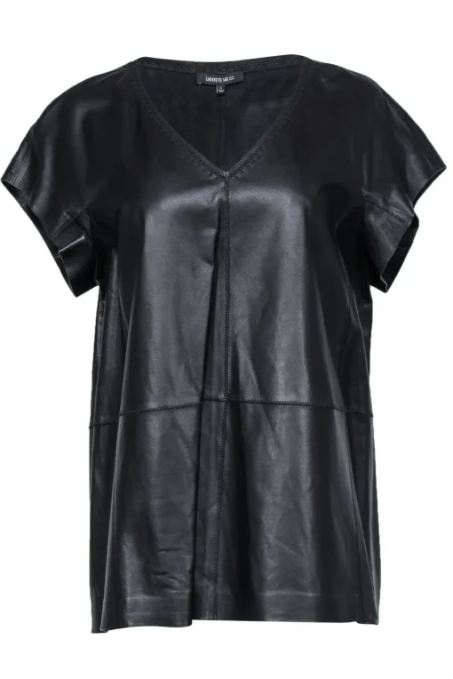 Lafayette 148 - Black Leather Short Sleeve Top w/ Stitched Trim Sz L