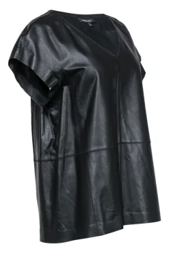 Lafayette 148 - Black Leather Short Sleeve Top w/ Stitched Trim Sz L