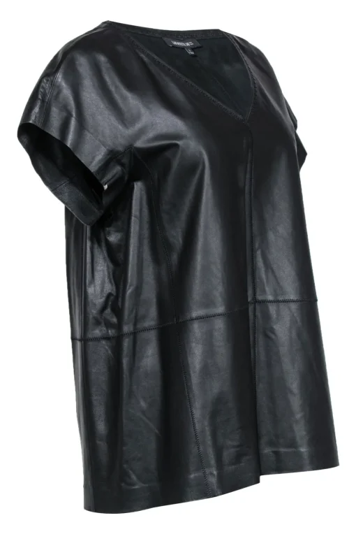 Lafayette 148 - Black Leather Short Sleeve Top w/ Stitched Trim Sz L