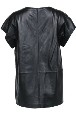 Lafayette 148 - Black Leather Short Sleeve Top w/ Stitched Trim Sz L
