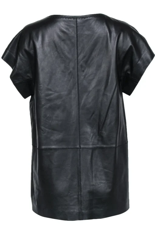 Lafayette 148 - Black Leather Short Sleeve Top w/ Stitched Trim Sz L