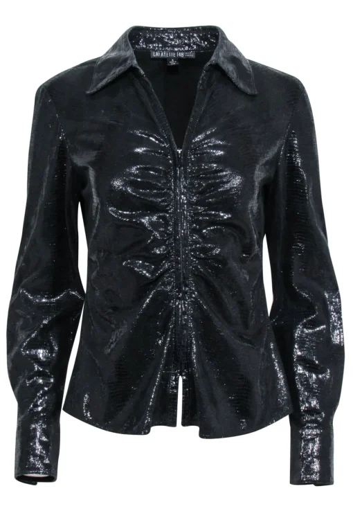 Lafayette 148 - Black Metallic Leather Zip Up Shirt Jacket Sz 4