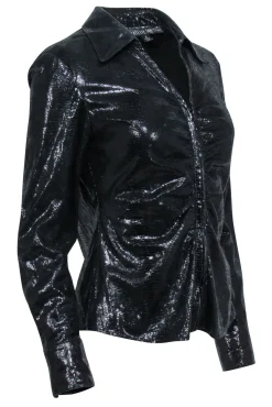 Lafayette 148 - Black Metallic Leather Zip Up Shirt Jacket Sz 4