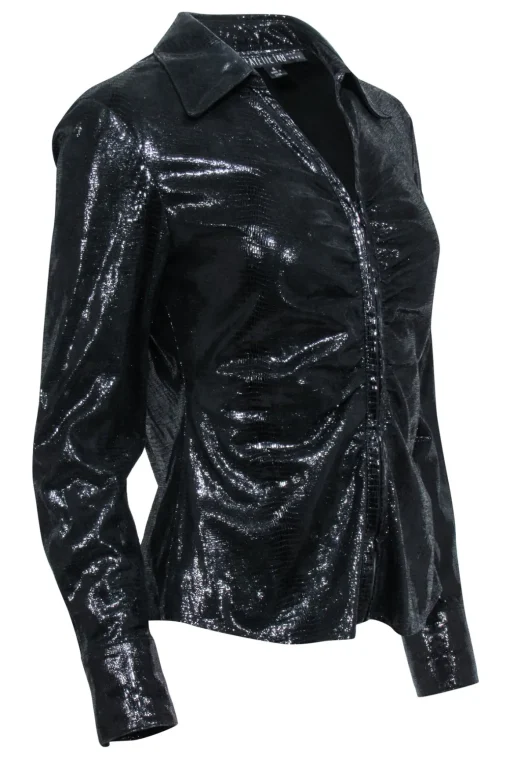 Lafayette 148 - Black Metallic Leather Zip Up Shirt Jacket Sz 4