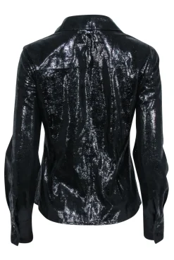 Lafayette 148 - Black Metallic Leather Zip Up Shirt Jacket Sz 4
