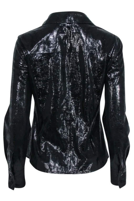 Lafayette 148 - Black Metallic Leather Zip Up Shirt Jacket Sz 4