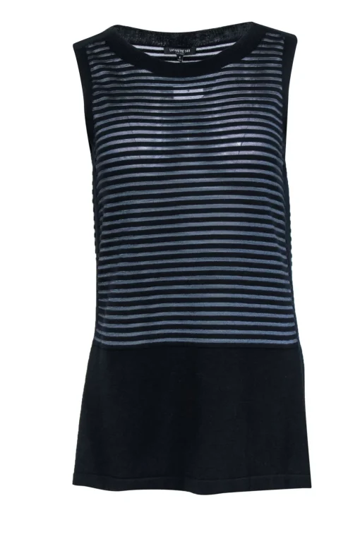 Lafayette 148 - Black Ribbed Tank Top w/ Sheer Gray Stripes Sz S