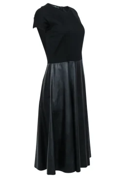 Lafayette 148 - Black Short Sleeve Midi Dress w/ Faux Leather Skirt Sz M