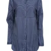 Lafayette 148 - Blue & Navy Striped Long Sleeve Button Front Sz S