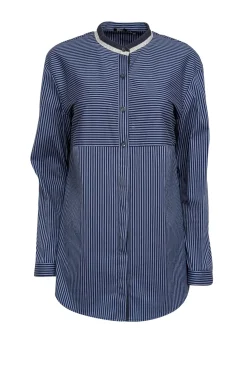 Lafayette 148 - Blue & Navy Striped Long Sleeve Button Front Sz S