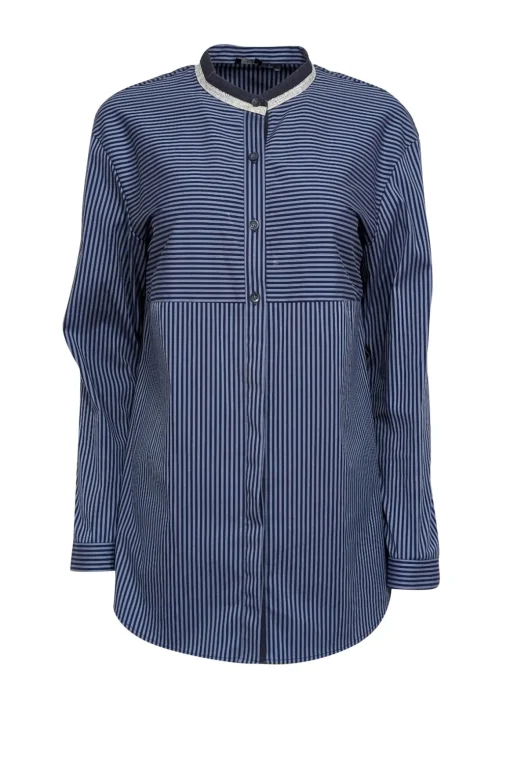 Lafayette 148 - Blue & Navy Striped Long Sleeve Button Front Sz S