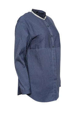 Lafayette 148 - Blue & Navy Striped Long Sleeve Button Front Sz S