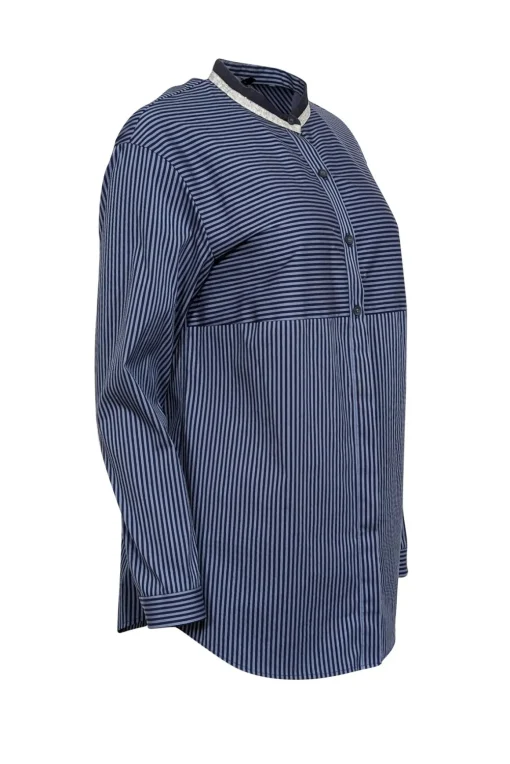 Lafayette 148 - Blue & Navy Striped Long Sleeve Button Front Sz S