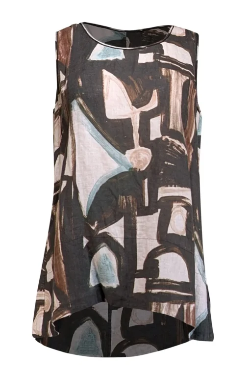Lafayette 148 - Brown, Black, & White Abstract Print Linen Sleeveless Top Sz 8