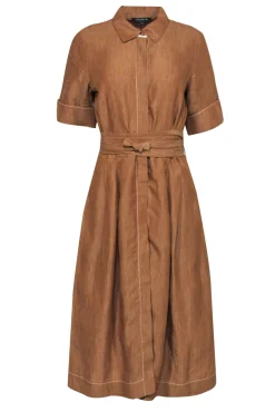 Lafayette 148 - Tan Linen Button-Up Midi Dress w/ Belt Sz M