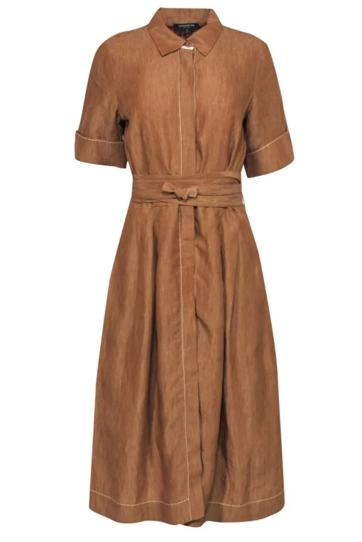 Lafayette 148 - Tan Linen Button-Up Midi Dress w/ Belt Sz M