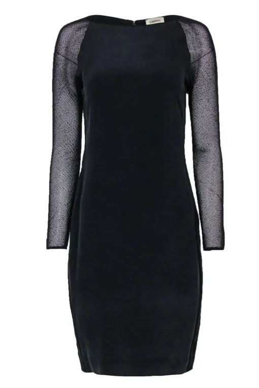 L’Agence - Black Suede Textured Silk Dress w/ Mesh Sleeves Sz M