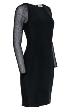 L’Agence - Black Suede Textured Silk Dress w/ Mesh Sleeves Sz M