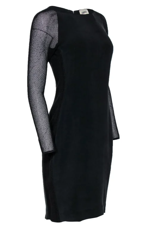 L’Agence - Black Suede Textured Silk Dress w/ Mesh Sleeves Sz M