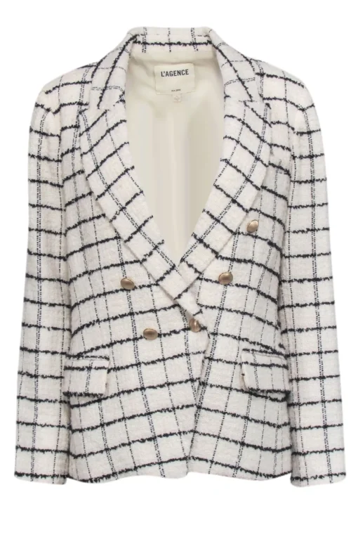L'Agence - Ivory & Black Plaid Tweed Double Breasted Button Blazer Sz 10