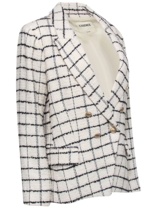 L'Agence - Ivory & Black Plaid Tweed Double Breasted Button Blazer Sz 10