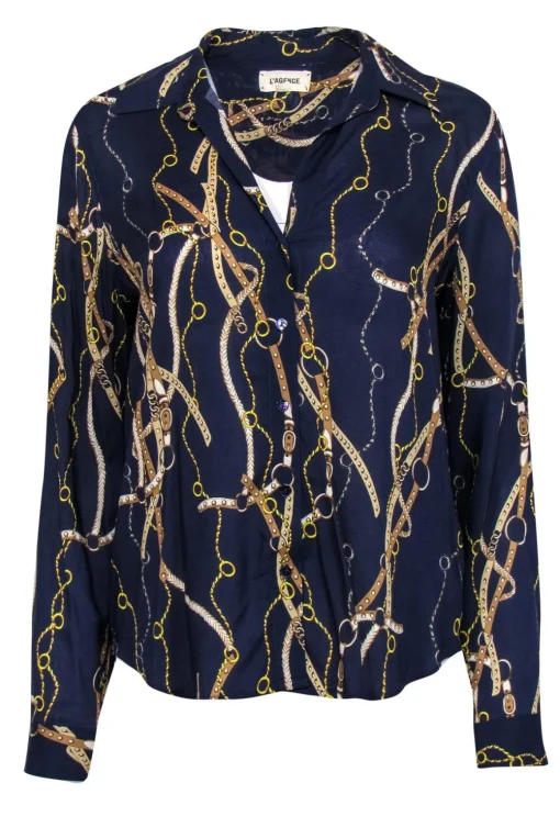 L’Agence - Navy Horse Bridle Printed Button-Up Blouse Sz M
