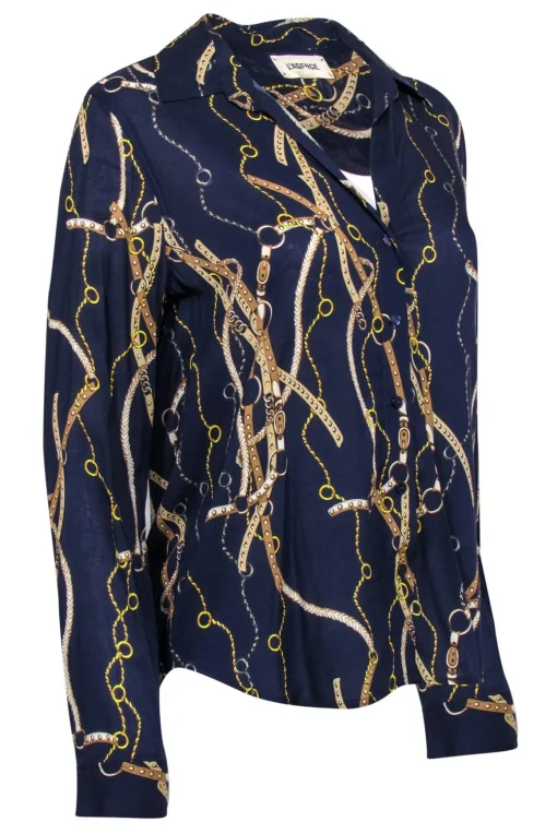 L’Agence - Navy Horse Bridle Printed Button-Up Blouse Sz M