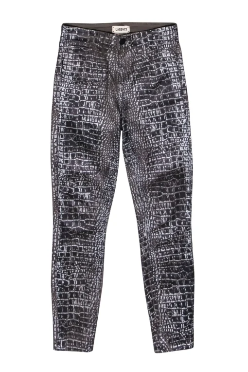 L'Agence - Olive & Silver Print Wax Coated Skinny Pants Sz 0