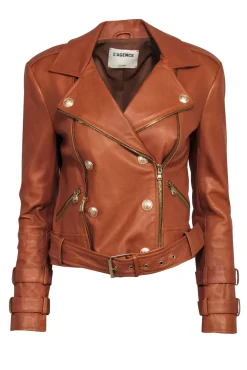 L'Agence - Tan Leather Moto Jacket w/ Gold Button Detail Sz S