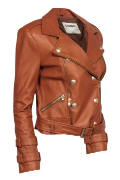 L'Agence - Tan Leather Moto Jacket w/ Gold Button Detail Sz S