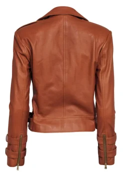 L'Agence - Tan Leather Moto Jacket w/ Gold Button Detail Sz S