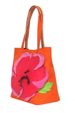 Lamarthe - Small Orange Canvas Tote w/ Floral Applique