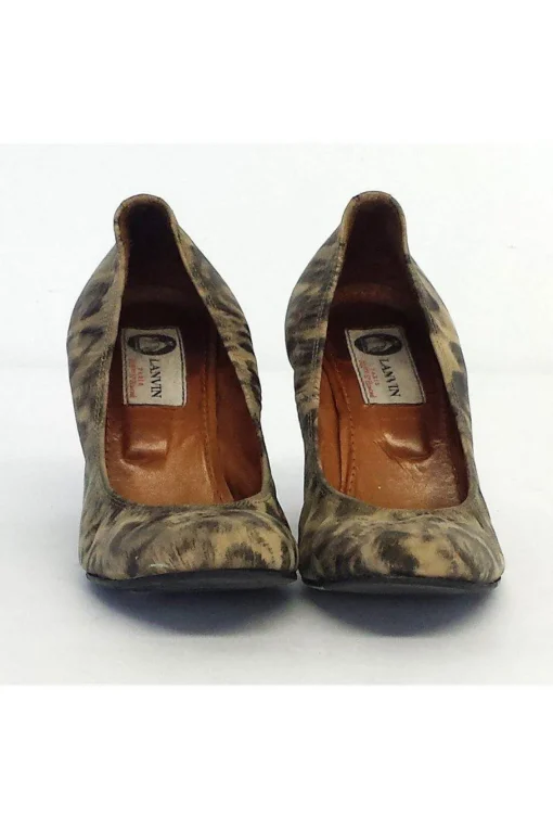 Lanvin - Beige & Grey Leopard Print Leather Wedges Sz 5