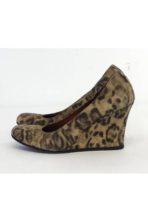 Lanvin - Beige & Grey Leopard Print Leather Wedges Sz 5