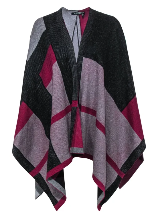 Lauren Ralph Lauren - Black, Grey & Magenta Colorblocked Poncho-Style Cardigan Sz M/L