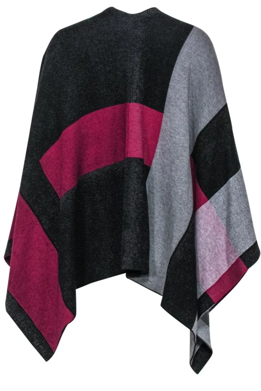 Lauren Ralph Lauren - Black, Grey & Magenta Colorblocked Poncho-Style Cardigan Sz M/L