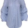 Lauren Ralph Lauren - Blue & White Striped Button-Up Ruched Sleeve Cotton Blouse Sz L